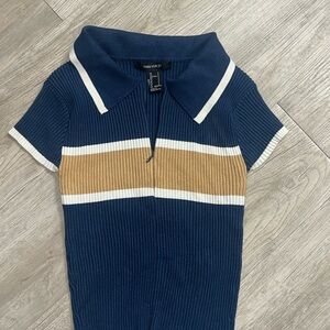 Forever 21 Blue Ribbed Top with Gold and White Accents